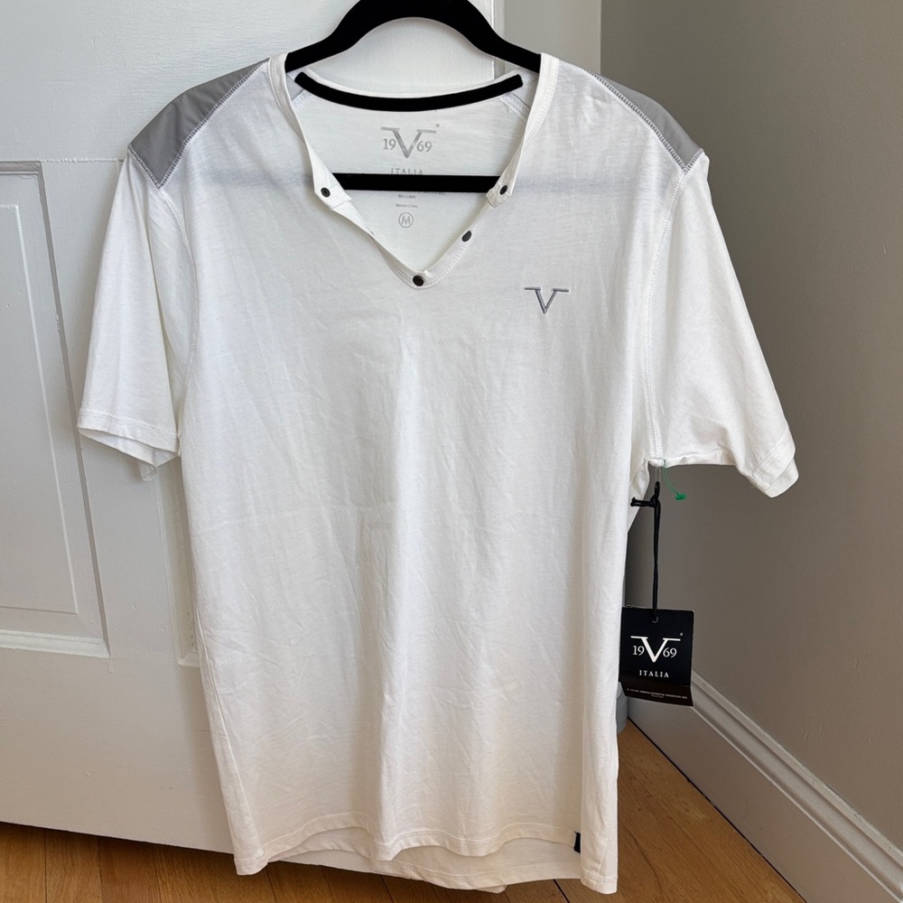 Men's White and Gray V-Neck T-Shirt